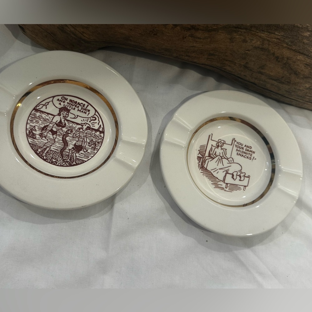 Vintage Ceramic Novelty Ashtrays with Risque Adult Cartoons